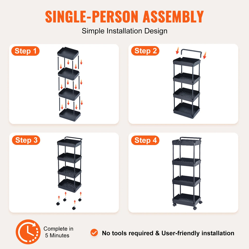 VEVOR 4-Tier Rolling Utility Cart Kitchen Organizer Shelves with Wheels Storage Trolley for Office Living Room Clearance Sale