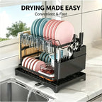 Metal 2-Tier Kitchen Organizer Countertop Dish Storage Rack Tableware Drainer with Removable Drip Tray