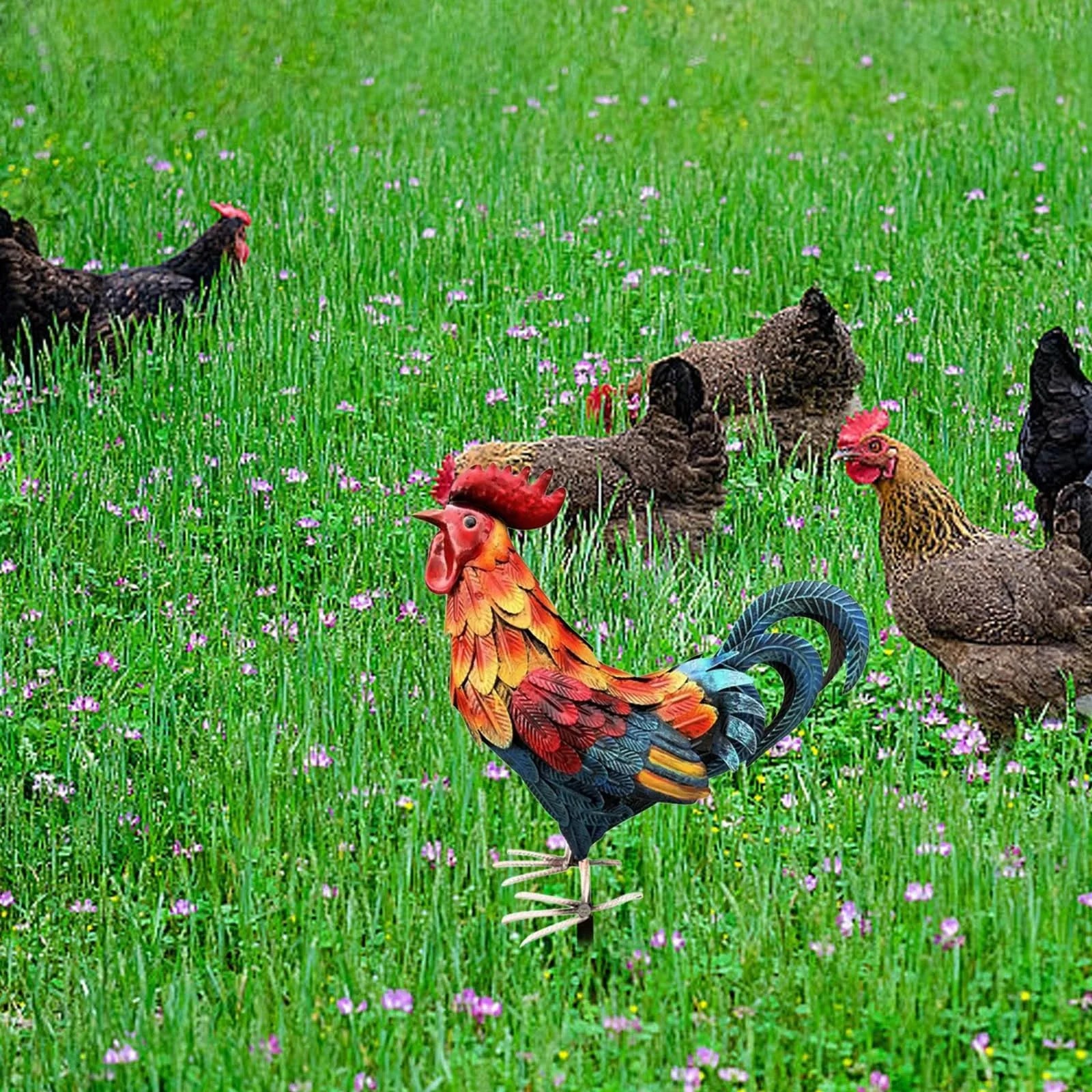 Realistic Chicken Statues Metal Rooster Animals Stakes Sculptures Decor Home Art Decor For Backyard Patio Floor Plug