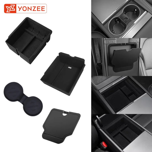 YZ For Tesla Model 3 Highland 2024 Model Y juniper 2025 Storage Box Center Armrest Hidden Box Cup Holder Organizer Accessories