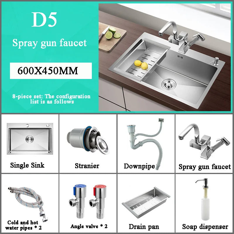 Stainless Steel Kitchen Sink Farm House Above Counter Undermounter Single Bowel Wash Basin with Faucet Drain Kitchen Accessories
