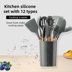12Pcs Silicone Kitchen Utensils Spatula Shovel Soup Spoon Cooking Tool with Storage Bucket Non-Stick Wood Handle Kitchen Gadgets