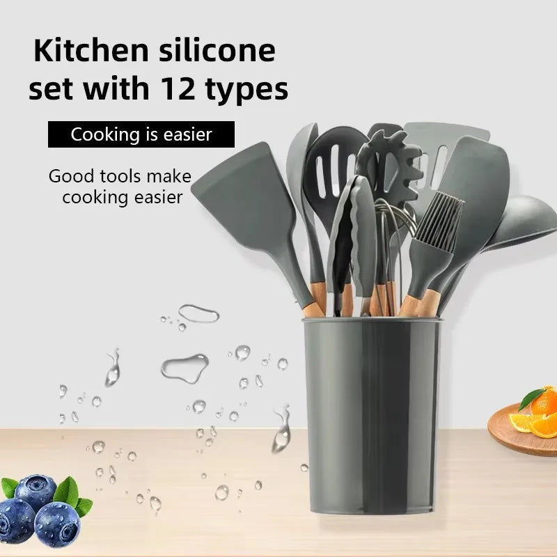 12Pcs Silicone Kitchen Utensils Spatula Shovel Soup Spoon Cooking Tool with Storage Bucket Non-Stick Wood Handle Kitchen Gadgets