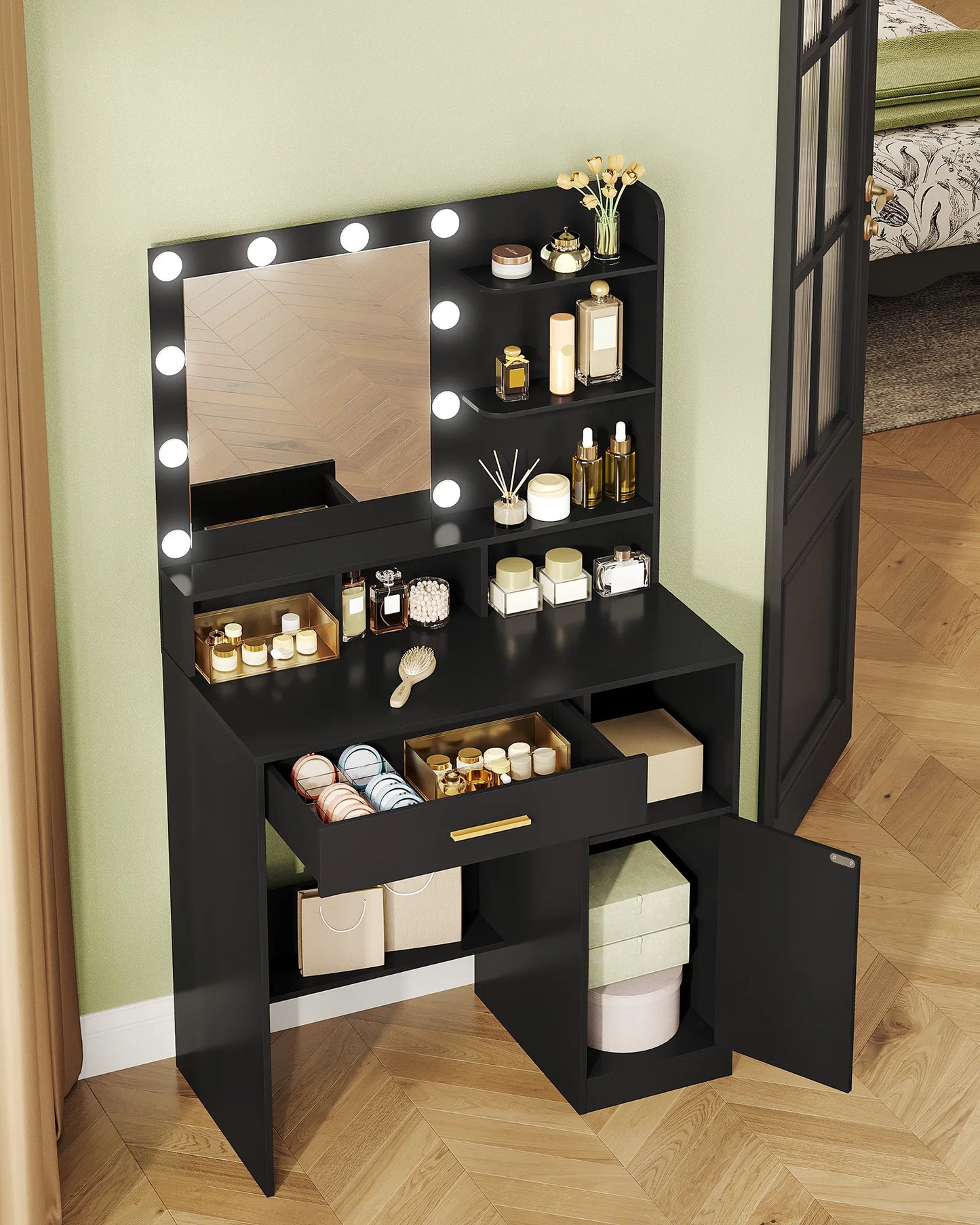 Hzuaneri Dressing Table with Mirror and 10 LED Lights, Vanity Unit with 3 Shelves & 4 Open Compartments, with Large Drawer