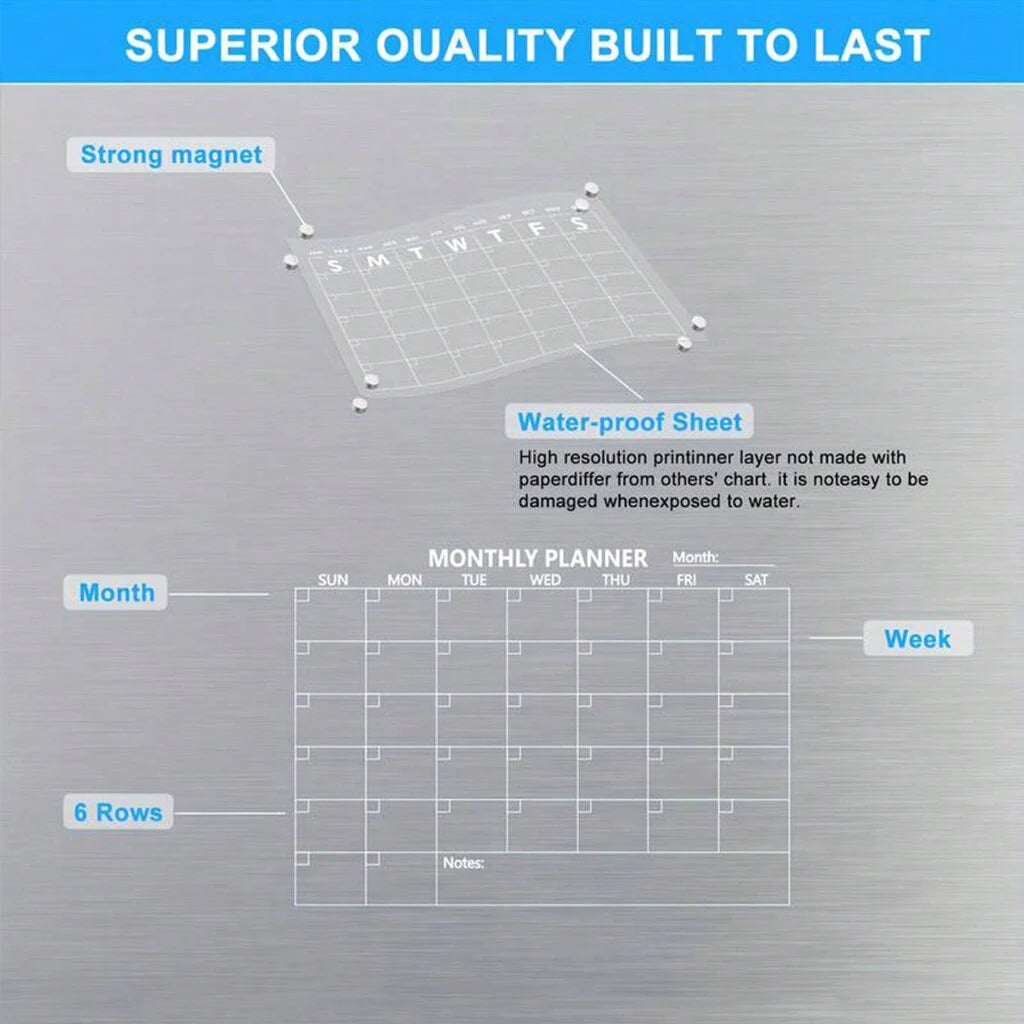 Magnetic Acrylic Calendar for Fridge Refrigerator Monthly Dry Erase Board Markers & Magnetic Pen Holder, Organic Glass Clea