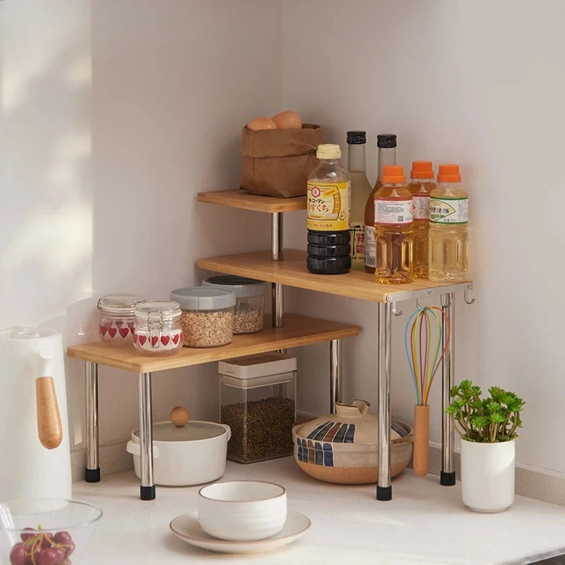 Bamboo Countertop Kitchen Corner Shelf Organizer Rack for Spices Seasoning Pots Desktop Flower Pot Display Stand