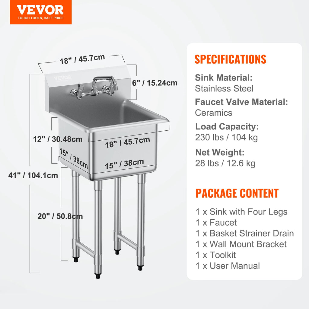 VEVOR Stainless Steel Kitchen Prep & Utility Sink 1 Compartment Restaurant Commercial Steel Sink w/Faucet for Restaurant Home