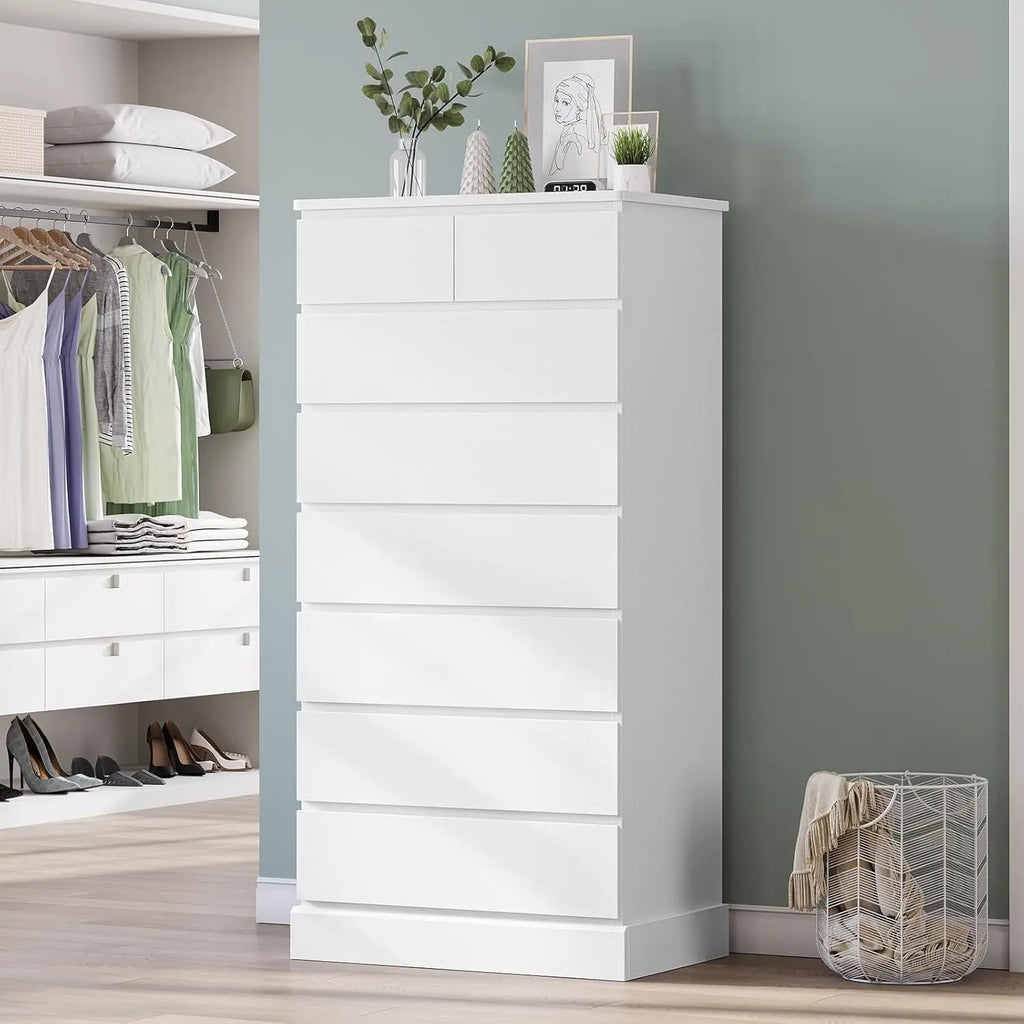 White Tall Dresser for Bedroom with 8 Drawers, 59.6" Tall Dressers & Chests of Drawers, Modern Wood Closet Organizer and Storage