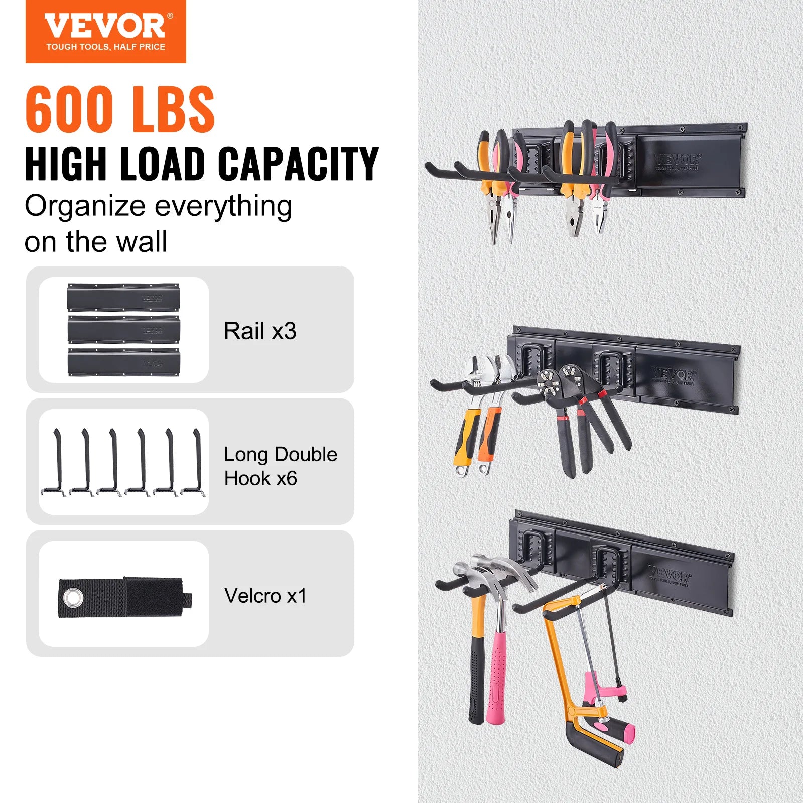 SucceBuy Garage Tool Organizer Wall Mount Yard Garden Heavy Duty Storage Rack W/ Adjustable Hook Rails for Shovels Trimmers Hose
