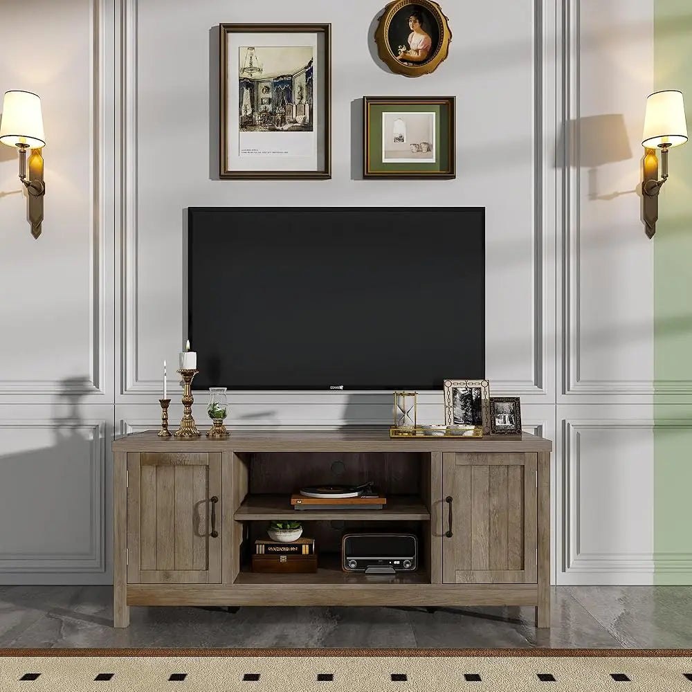 Farmhouse Tv Stand, Wood Grooved Door Entertainment Center With Storage Cabinets And Open Shelves, Rustic Media Console Up To