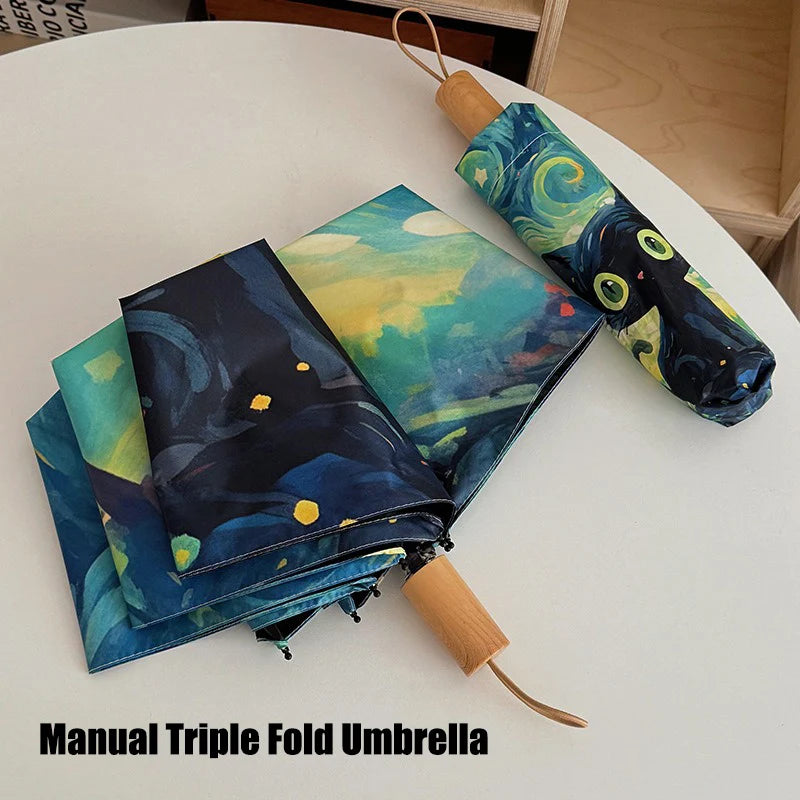 Cartoon Cat Green Folding Umbrella Professional Sun Protection And UV Protection Umbrella Dual use of Rain and Sunny Automatic