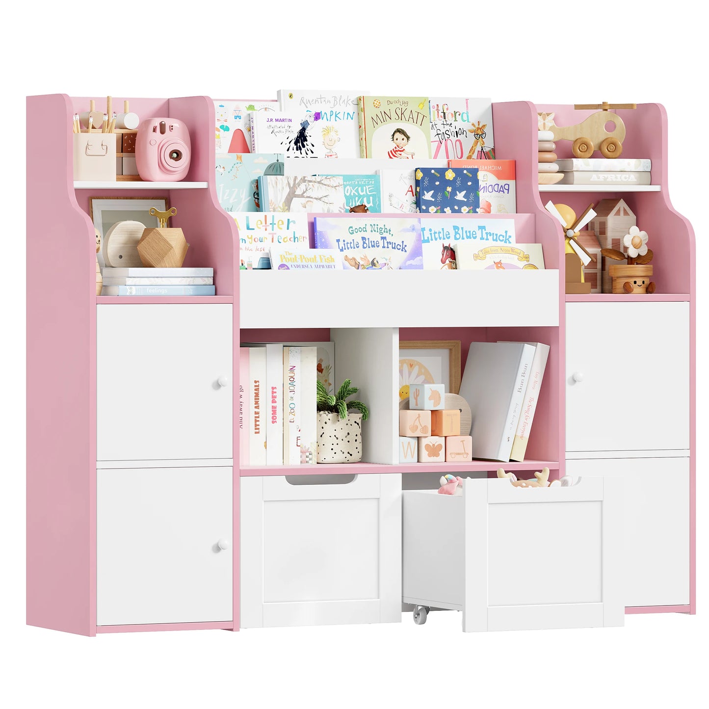 Getone CHILDREN'S room, children's shelf furniture, toys chest, Bookcase, CHILDREN'S wardrobe with 13 shelves 2 doors 2 drawers 122x30x100cm