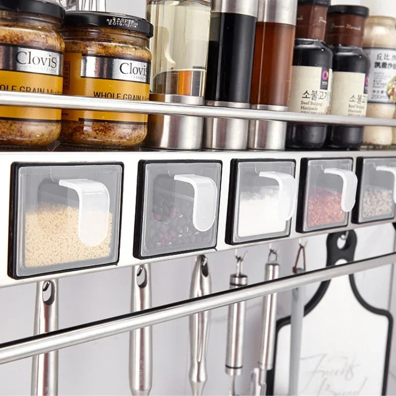 Stainless Steel Kitchen Utensils Holder, Wall-Mounted Spice Rack, Moisture-Proof Storage Shelves, Multiple Grid Partitions