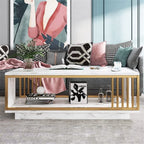High Gloss Marble Veneer Coffee Table - Modern White & Gold, Rectangle for Living Room