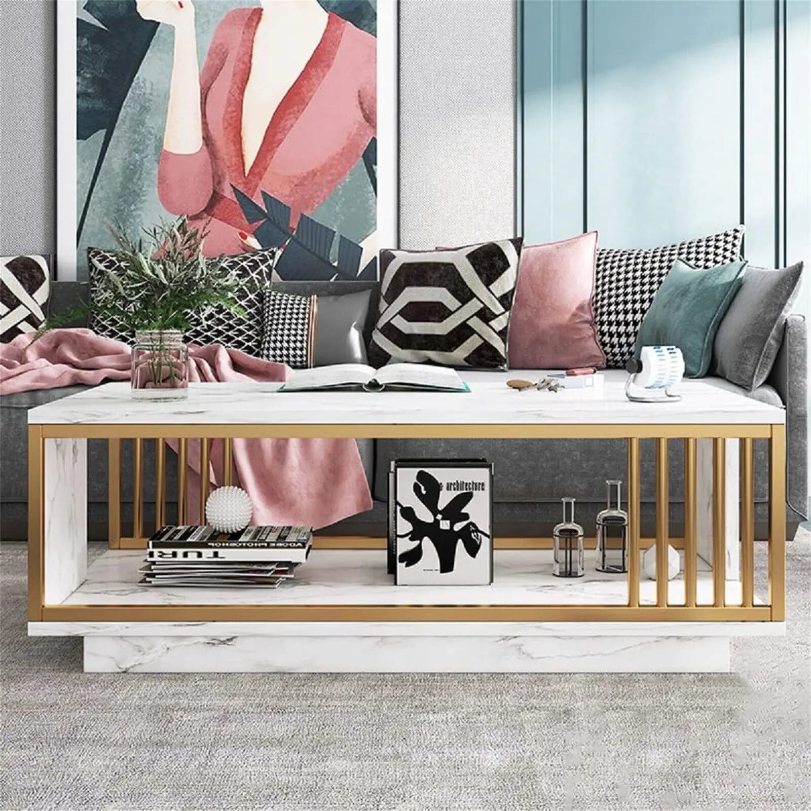 High Gloss Marble Veneer Coffee Table - Modern White & Gold, Rectangle for Living Room