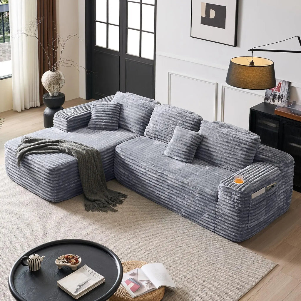 Modern Cloud Sectional Sofa with L-Shape Chaise | Deep Seat Design, Built-in Cup Holder & Storage Pocket, No Assembly Required