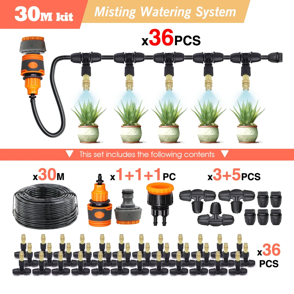 10/20/30M Garden 1/4" Hose Brass Nozzle Atomize Spray System for Summer Balcony Greenhouse Lawn Misting Cooling Irrigation Kit