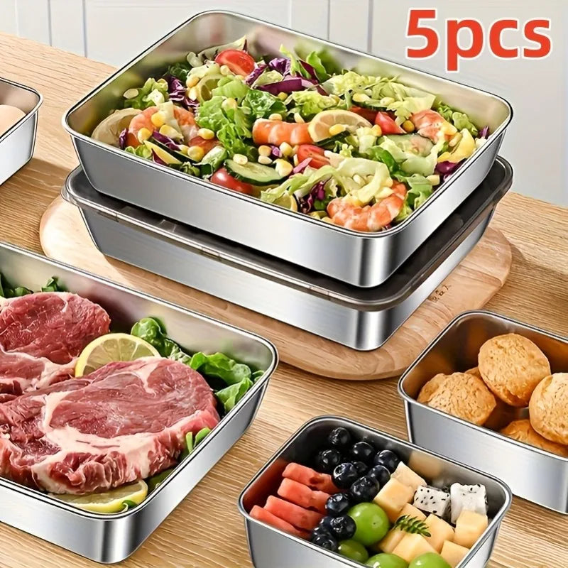 5Pcs Stainless Steel Food Containers, Leak-Proof Kitchens Accessories, Stores Knives, Stackable Kitchen Storage