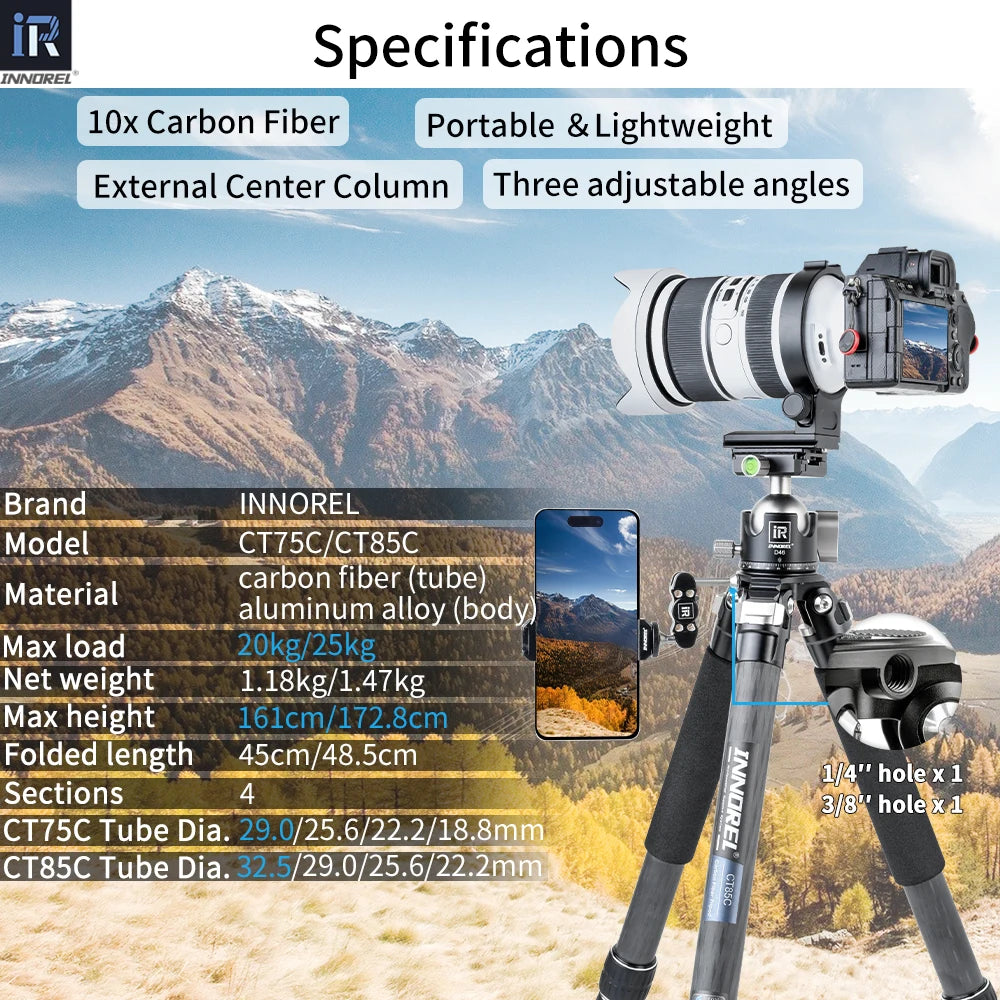 INNOREL CT75C/85C Carbon Fiber Tripod for DSLR Camera Heavy Duty Stand Low Gravity Center Ballhead with Adjustable Center Column
