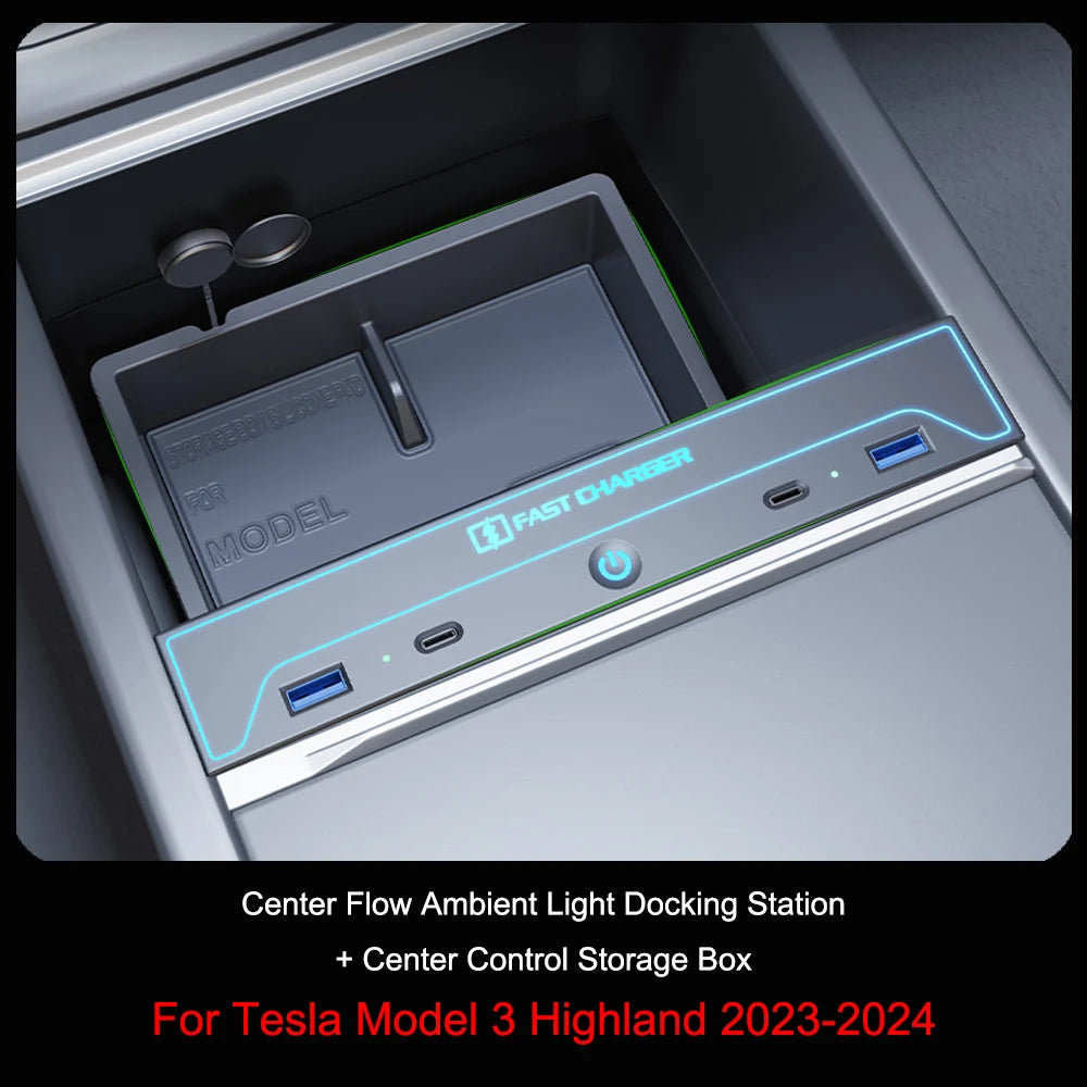 For Tesla Model 3 Highland 2024 Car USB Hub 4-Port 27w Fast Charger Smart Docking Station Adapter Power Shunt Splitter Extension
