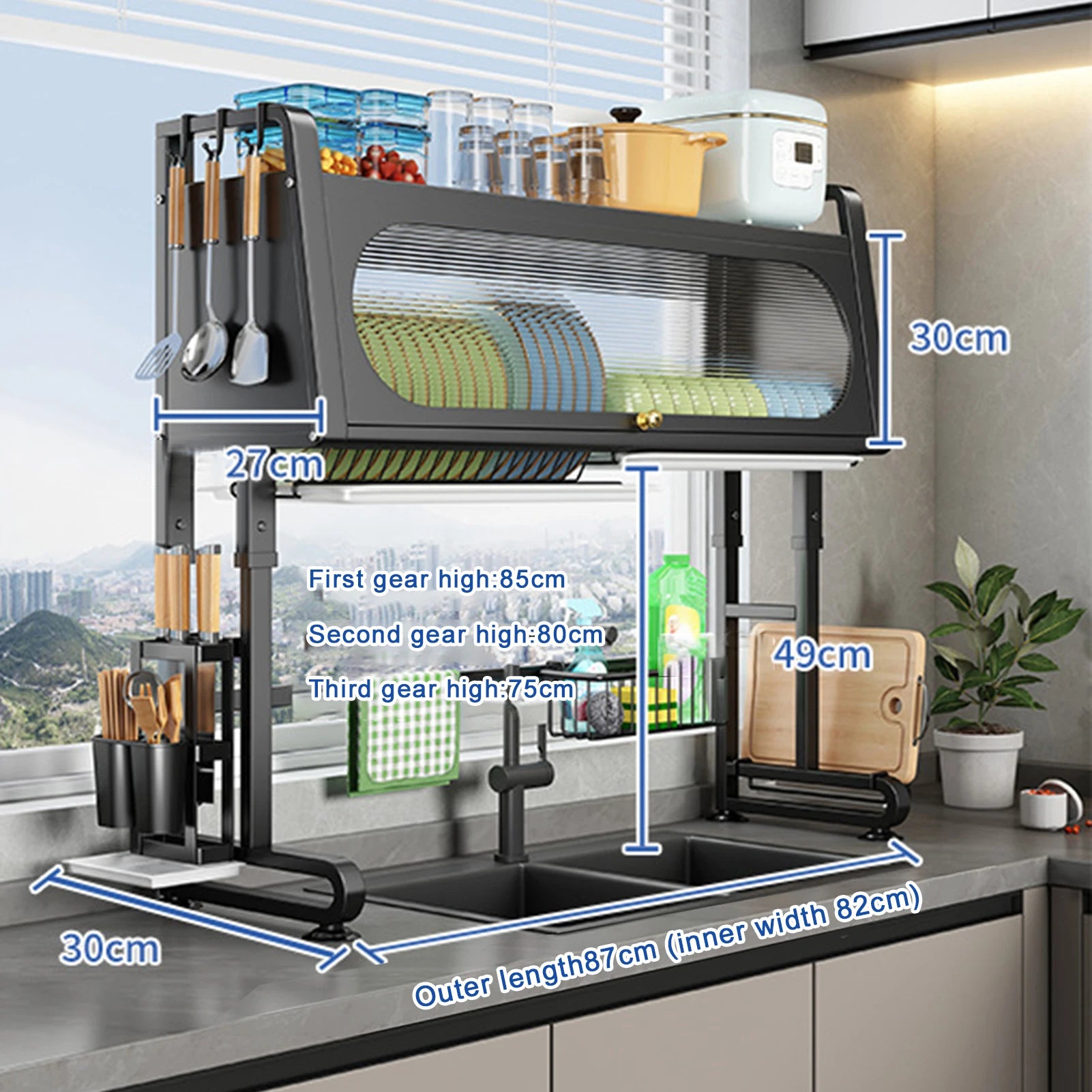 Sink storage rack with cabinet door flip cover, kitchen dish drain rack, storage rack, adjustable dustproof bowl tray