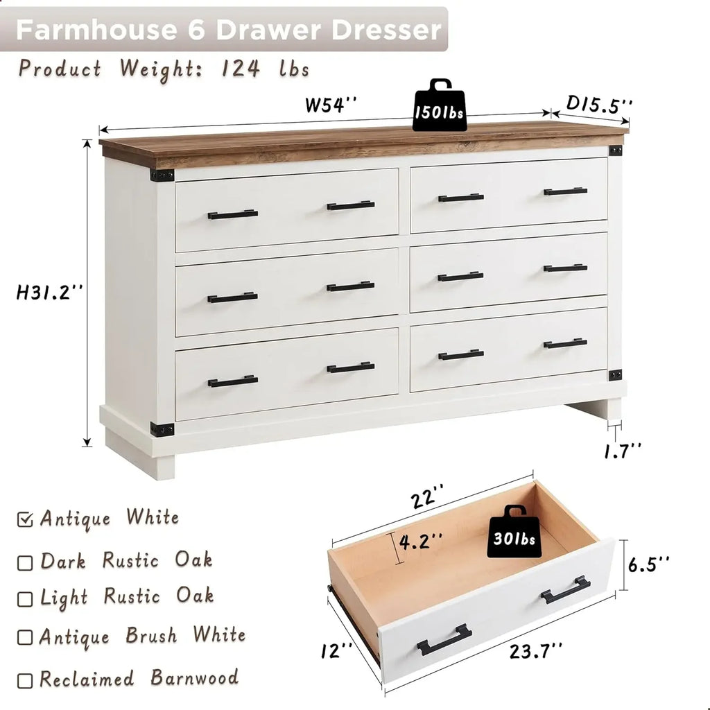 Farmhouse  Dresser, Wood Large Chest, Rustic Closet Dresser for Bedroom or Living Room, Antique White Color