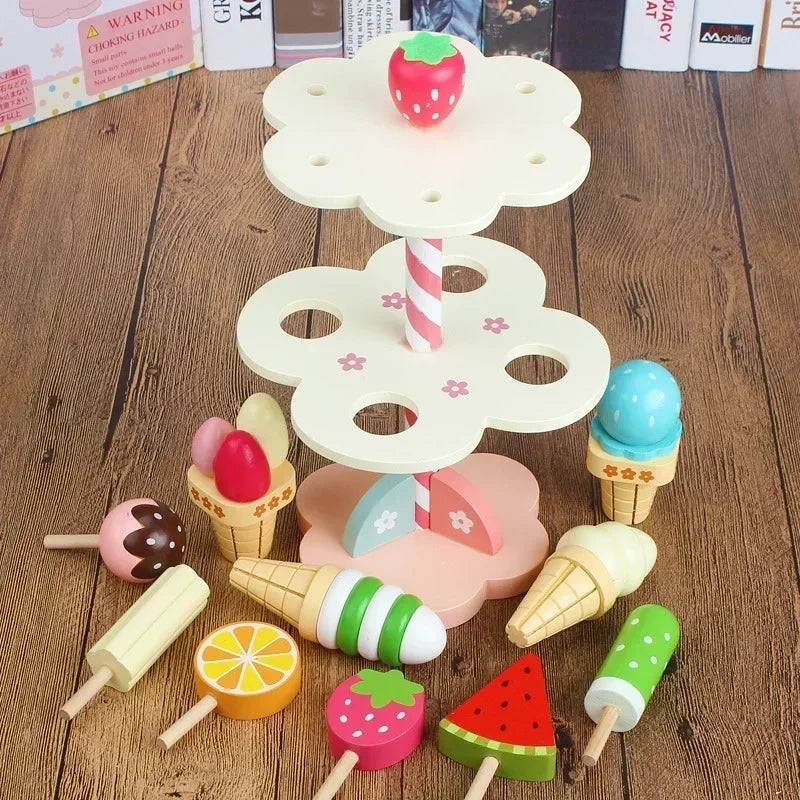 Kitchen Accessories Toy for Kid Pretend Play Wooden Ice Cream Counter Playset for Toddler Toys Montessori Pretend Play Food Toys