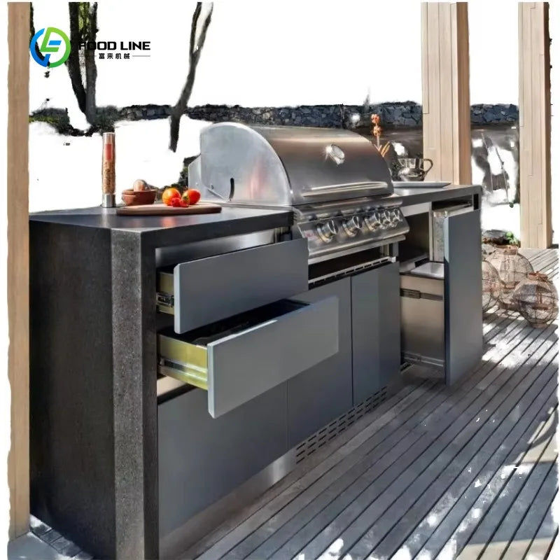 Customized Stainless Steel Outdoor Kitchen Cabinets Modern Kitchen With Stove BBQ Grill Set For Family Gathering And Event Use