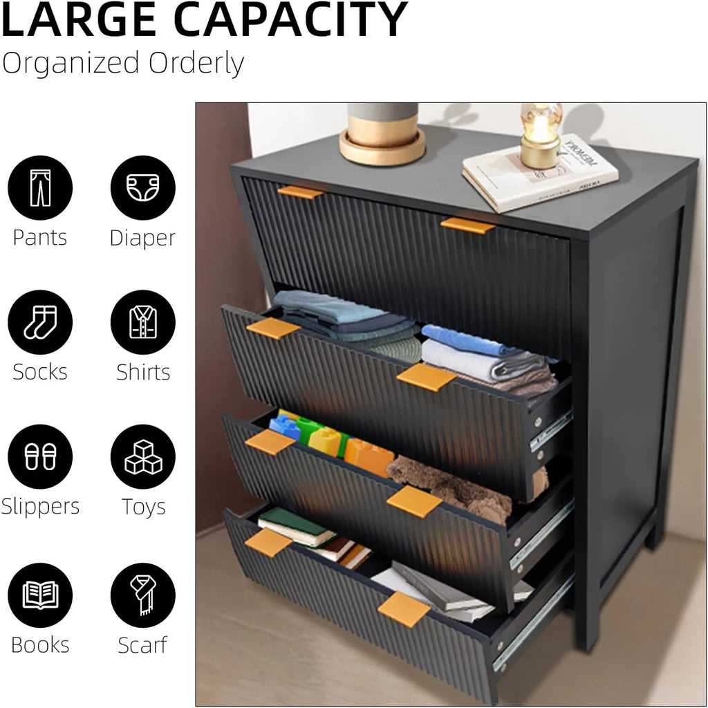 Fluted 4 Drawers Dresser Modern Chest of Drawers Wood Drawer Organizer with Waveform Fluted Panel for Bedroom Living Room
