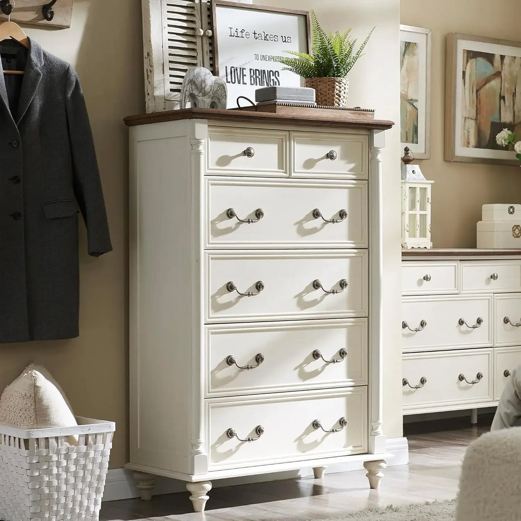 Farmhouse 6 Drawers Dresser Chests, Tall Wood Rustic Chest , Storage Organizer for Bedroom, Living Room, Nursery, Antique White