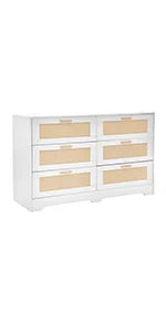 REDLIFE 47.24" Rattan Dresser with 6 Drawers ,Modern Chest Wood Storage Closet w/ Golden Handles for Bedroom Living Room Hallway