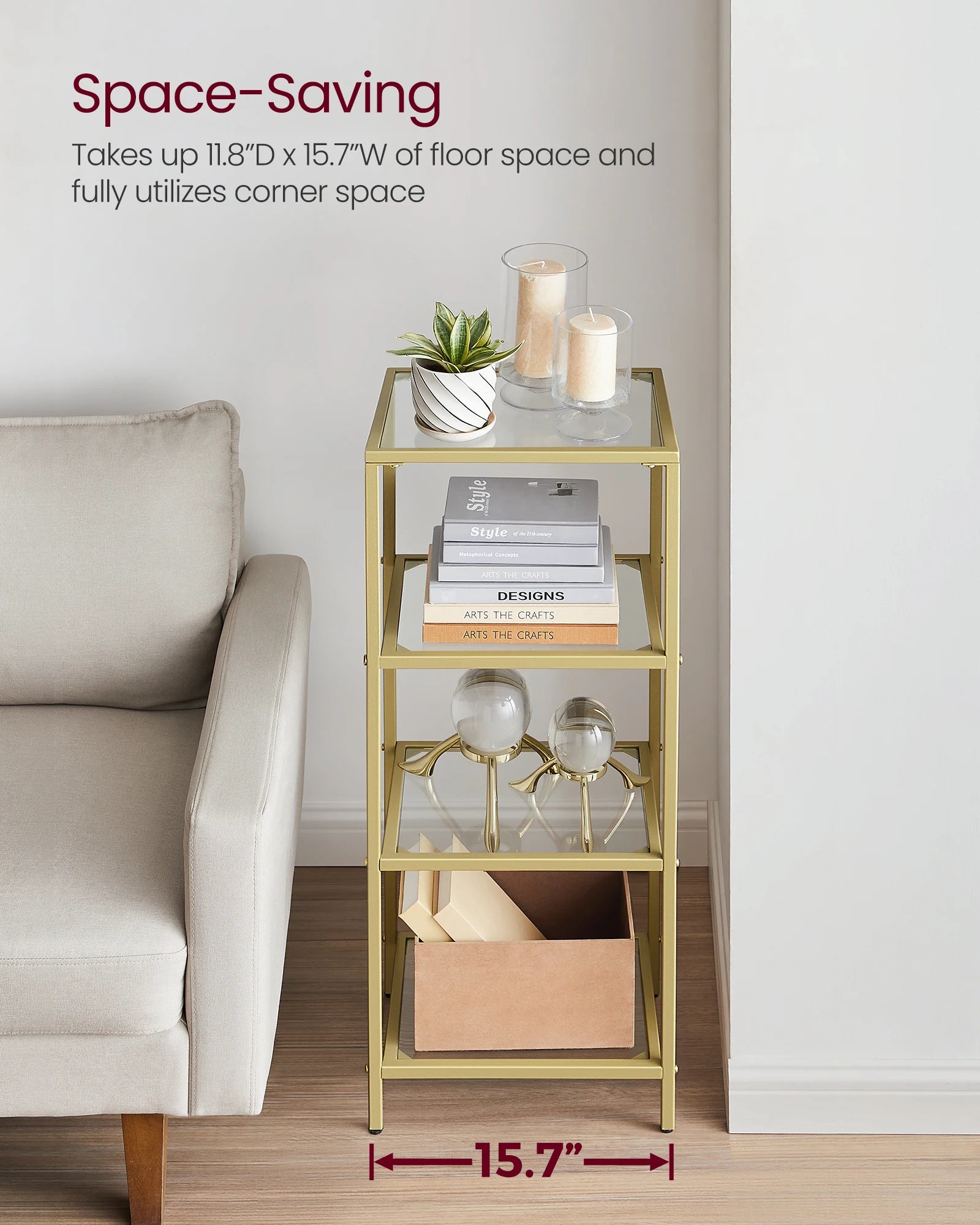 VASAGLE Bookcase, 4-Tier Bookshelf, Slim Shelving Unit for Bedroom, Bathroom, Home Office, Tempered Glass, Steel Frame