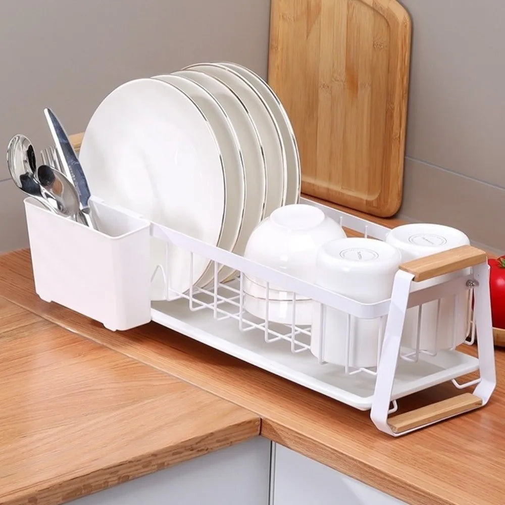 Detachable Kitchen Dish Rack Wooden Handle Large Capacity Dish Drying Drain Rack Dish Drainer Metal Frame Kitchen Organizer