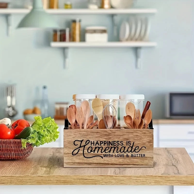 High-Quality, Classic Wooden Kitchen Utensil Organizer - Portable Storage Box with Open Design for Easy Access, Storage