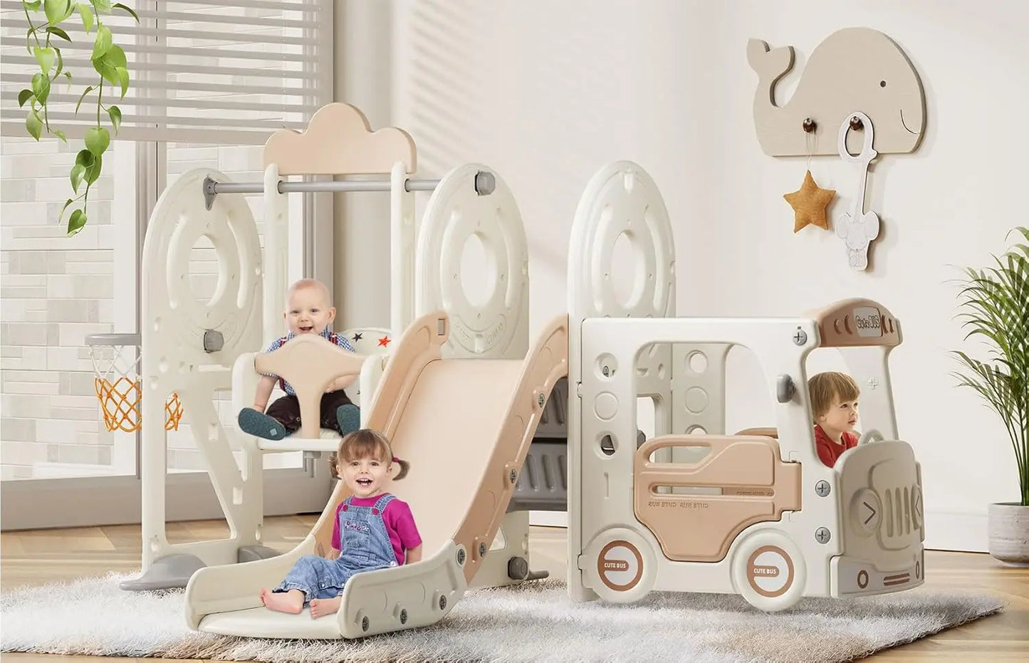 5 in 1 Toddler Slide and Swing Set, Kid Slide for Toddlers Age 1-3, Bus Themed Baby Slide with Basketball Hoop