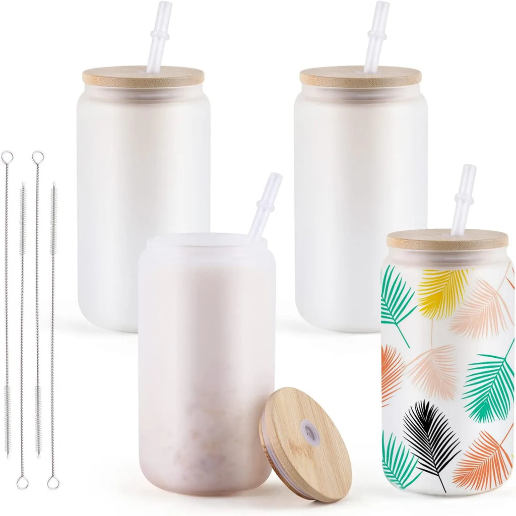 HTVRONT 4/8 Pack 16OZ Clear/Frosted Glass Sublimation Tumblers with Bamboo Lid Sublimate Tumbler Blanks DIY for Iced Coffee Cups
