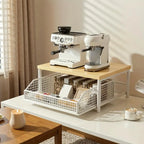 Hardwood Shelf Organizer Kitchen Storage Rack Kitchen Countertop Organizer with Drawer Wire Basket Double-tier for Coffee