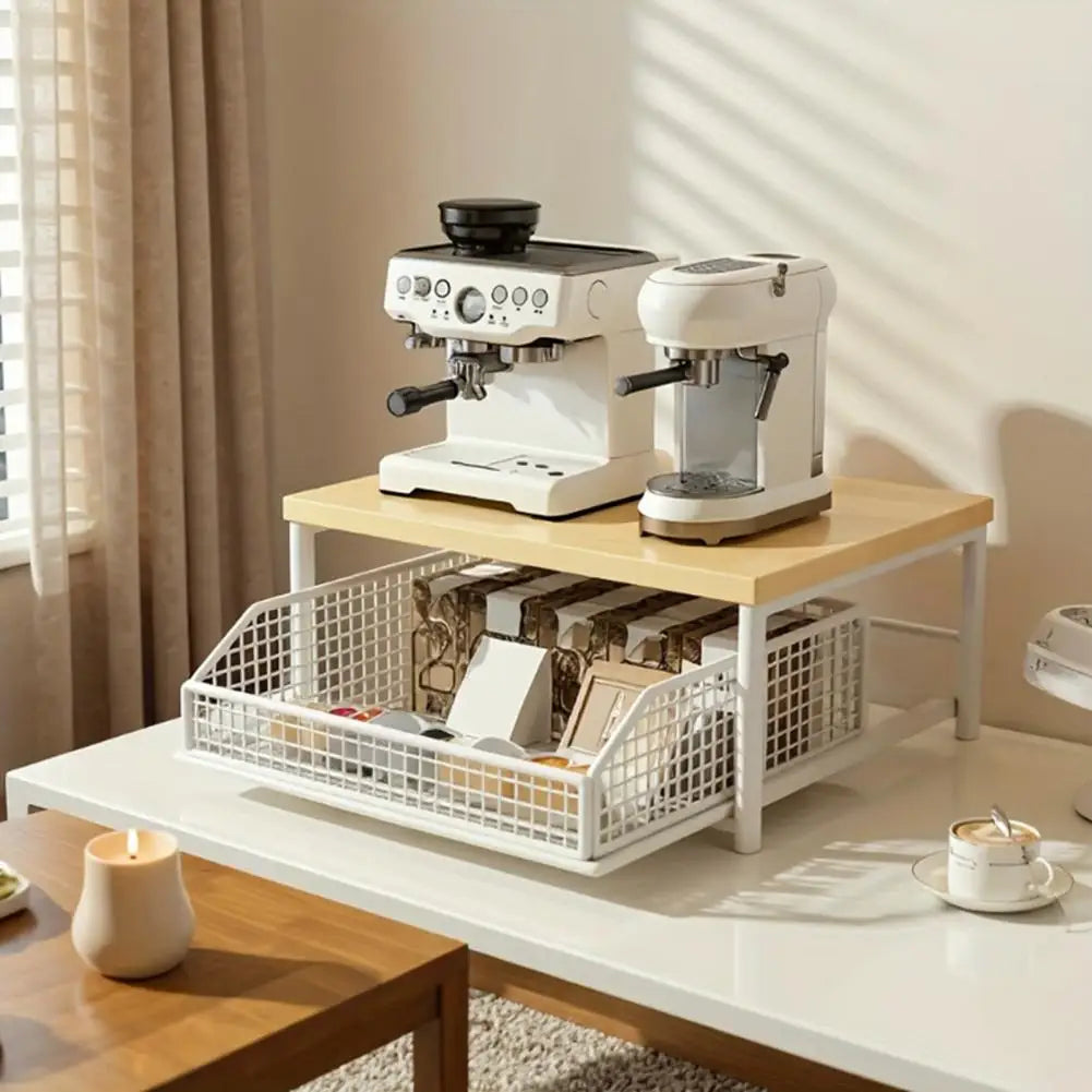 Hardwood Shelf Organizer Kitchen Storage Rack Kitchen Countertop Organizer with Drawer Wire Basket Double-tier for Coffee