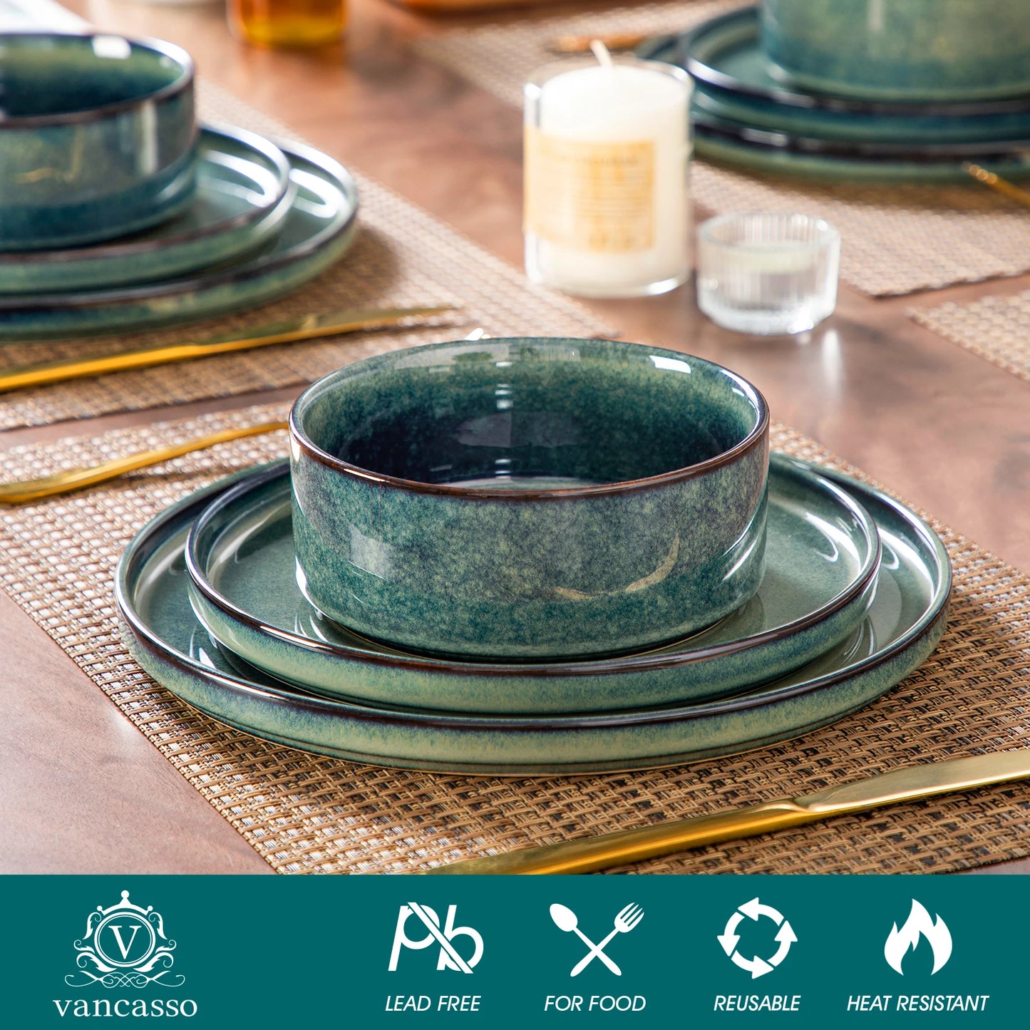 vancasso 12/24/36Piece Dinner set Black Green Reactive Glaze Vertical edge Dinnerware set with 4PCS Dinner Plate/ Dessert/Bowl