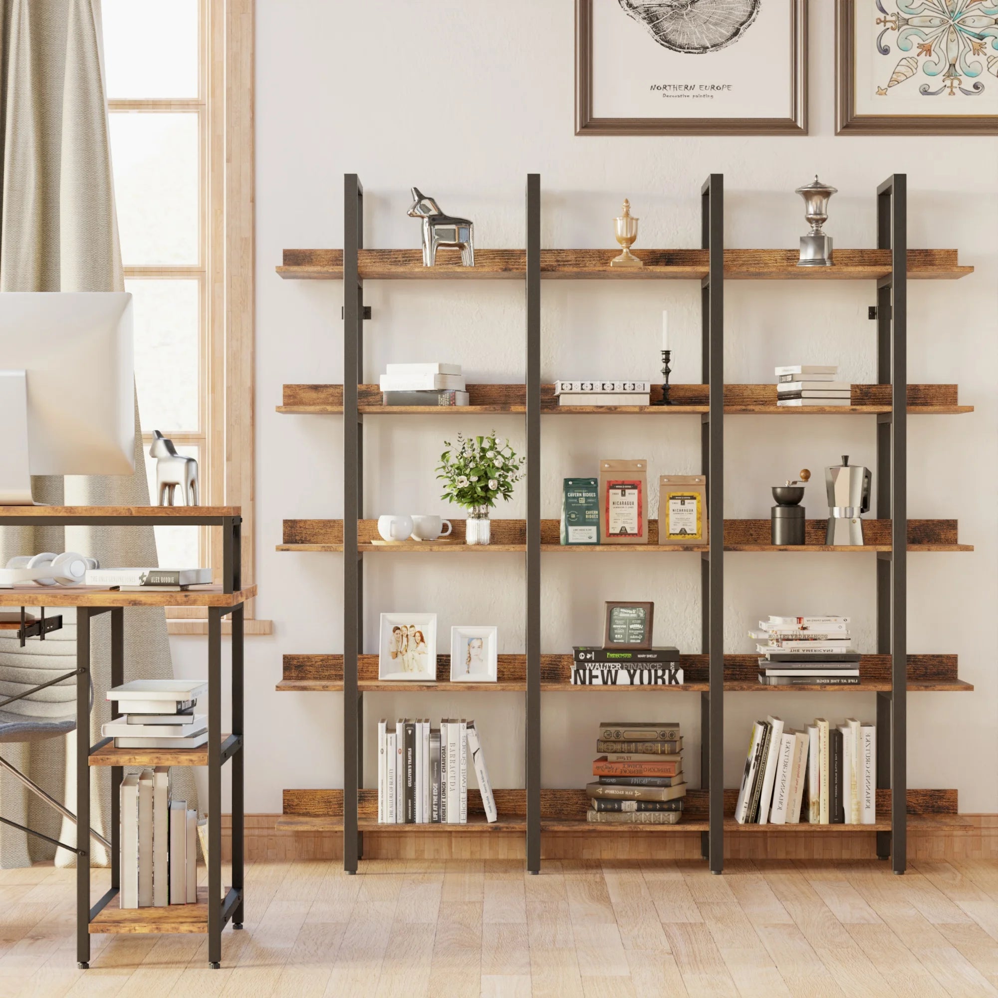 IRONCK Bookcase and Bookshelves Triple Wide 6-Tiers Large Open Shelves, Etagere Bookcases with Back Fence for Home Office Brown