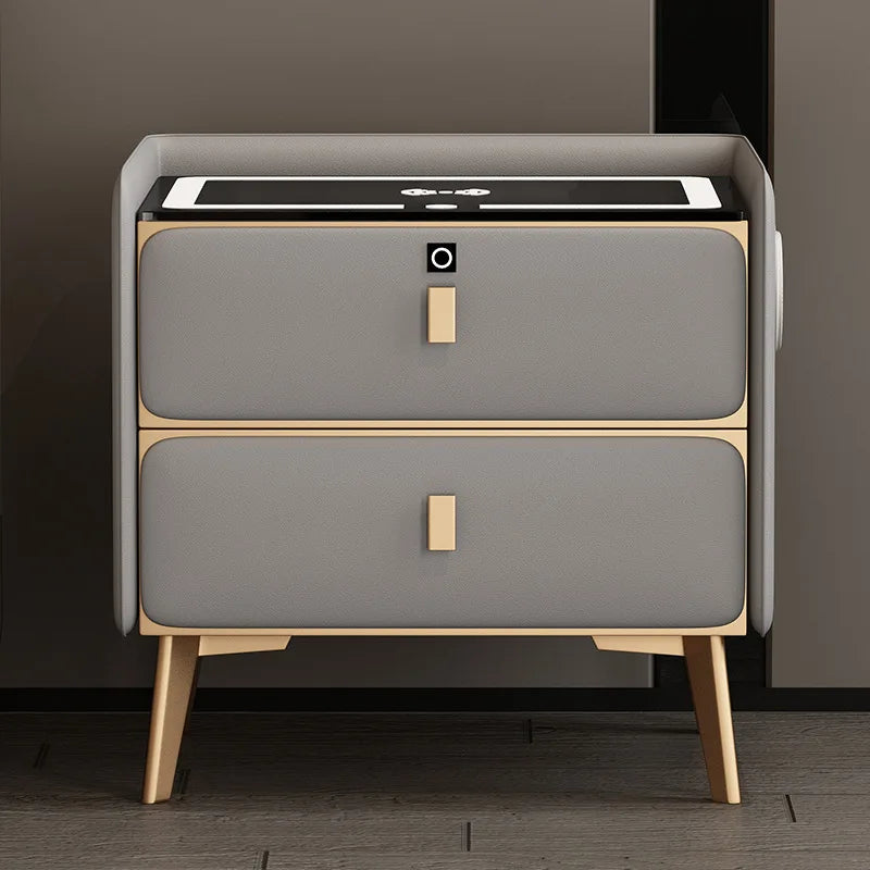 Smart Wooden Bedside Table Modern Style Multi-function Bedroom Nightstand with Wireless Charging Fingerprints Lock