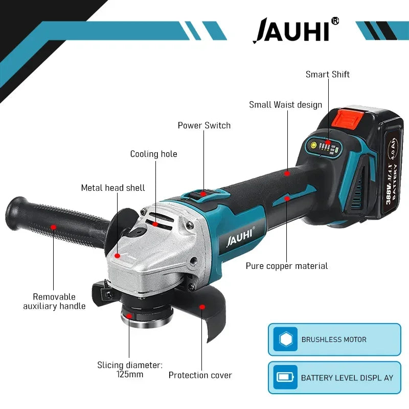 JAUHI 125mm Brushless Angle Grinder 4 Gears Cordless Grinding Machine Cutting Woodworking Power Tools For Makita 18V Battery
