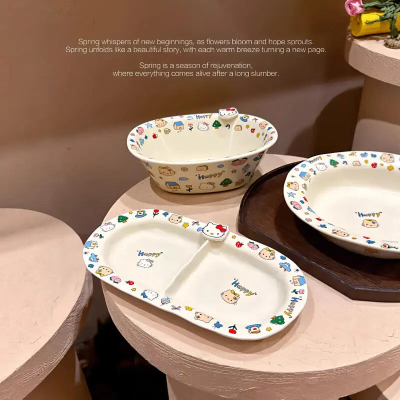 Hellokitty Cartoon Kawaii Ceramic Tableware Household Rice Bowls Sand Bowls Household Vegetable Dishes Complete Set of Tableware