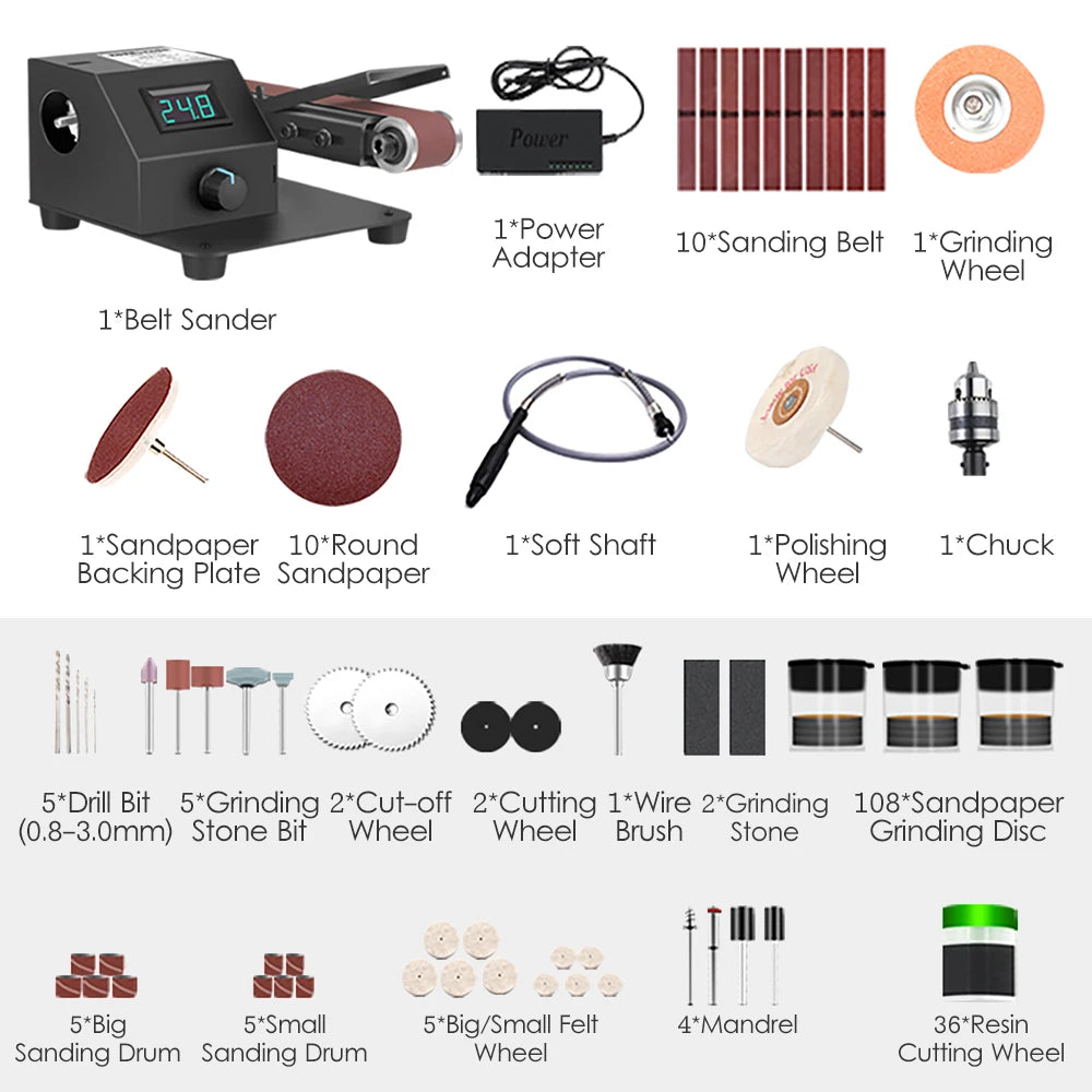 Mini Belt Sander Electric Sanding Polishing Grinding Machine 775 Motor Stepless Speed Multifunction Grinding Tool Set 350W/250W