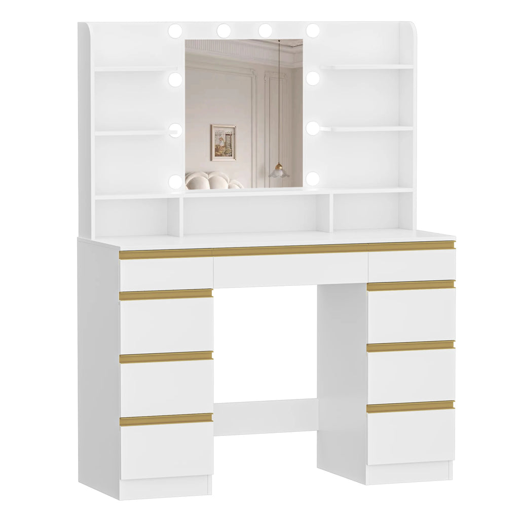 Dressing Table with 10 LED Light Balls,3 Colors,Adjustable Brightness,Large HD Mirror,1 Large Drawer and 8 Small Drawer Cabinets