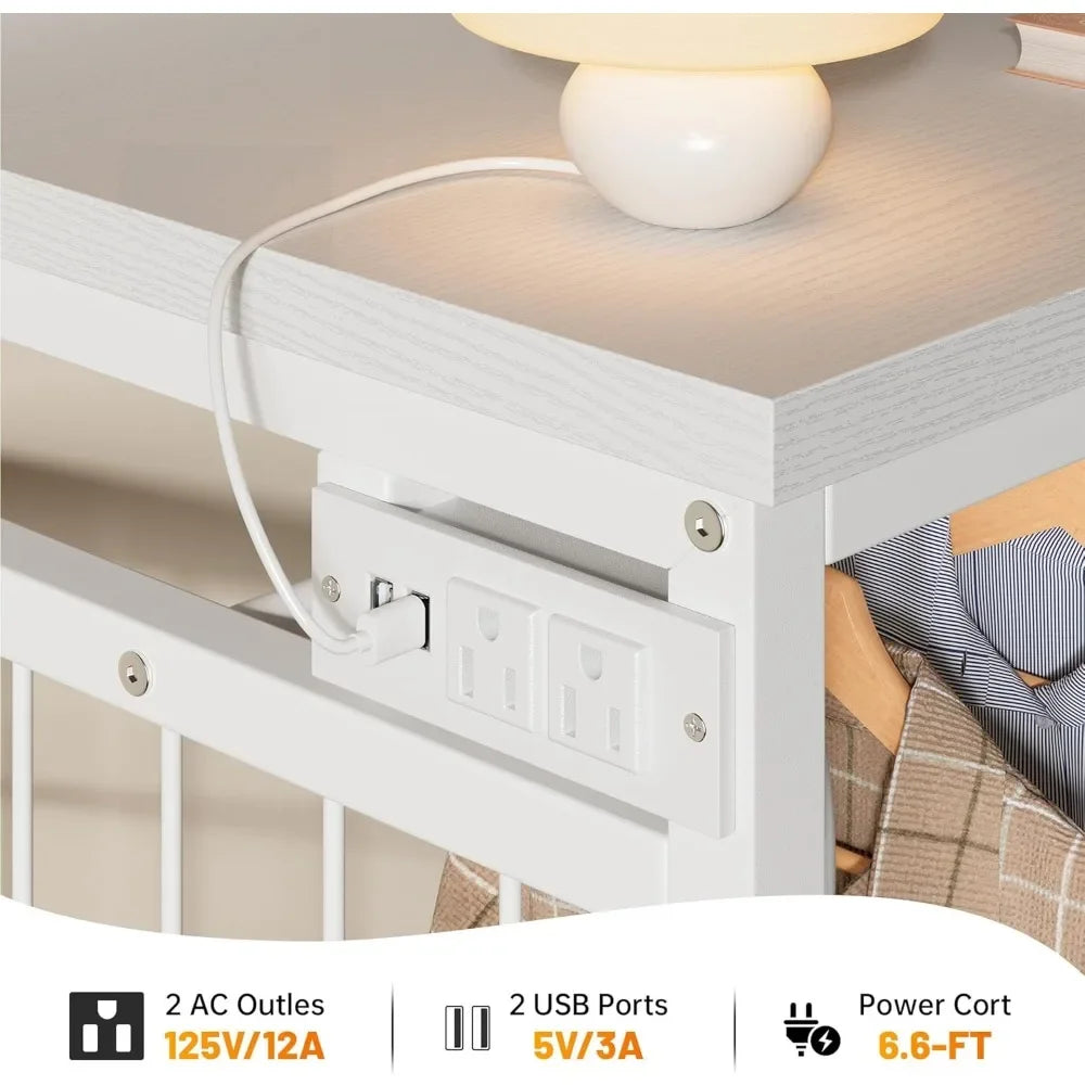 49.2" W White Dresser for Bedroom with Hanging Rack, 6 Drawers Dresser with LED Lights & Charging Station, Fabric Dressers