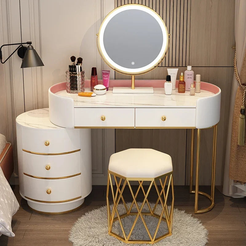 Pink White Vanity Table Women Luxury Nail European Big Stool Study Dressing Table Organizer Mesa De Maquillaje Home Furniture