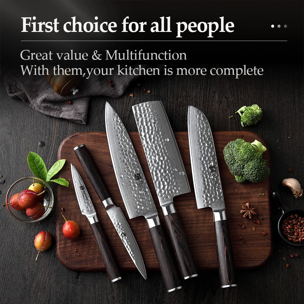 XINZUO 1-5 PCS Kitchen Knives Set VG10 Damascus Stainless Steel Sharp Chef Santoku Nakiri Slicing Paring Knife Pakkawood Handle