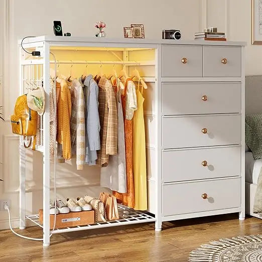 49.2" W Dresser for Bedroom with Hanging Rack 6 Drawers Dresser with LED Lights & Charging Station, Fabric Dressers & Chest of D