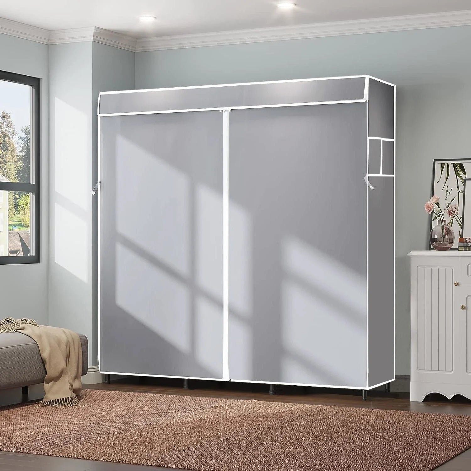 2025 New Upgraded Canvas Fabric Wardrobe Large Clothes Closet With Hanging Rail Shelving Clothes Storage Cupboard Gray